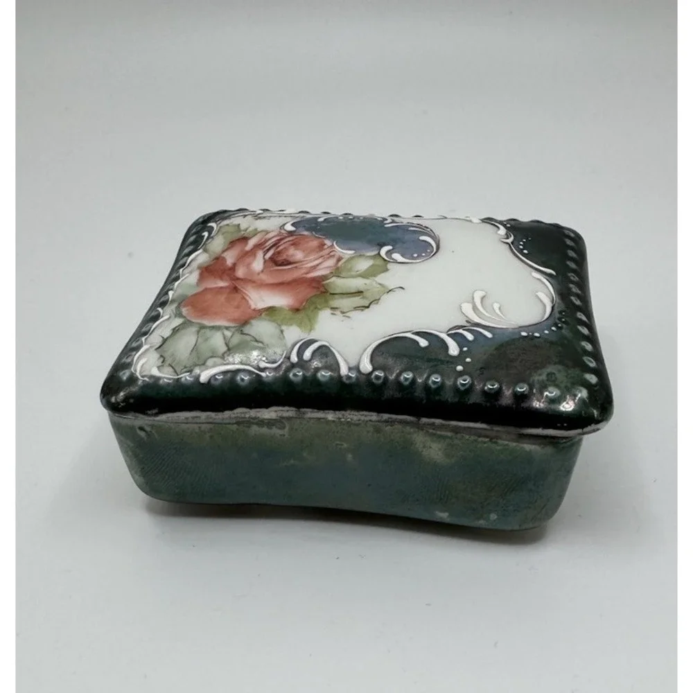 Vintage Porcelain Hand Painted Dresser Vanity Trinket Box Signed Blue Floral